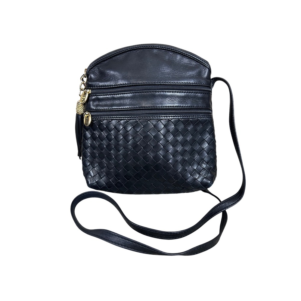 Michaelangelo Woven Black Soft Leather Crossbody Bag Double Zip Purse Italy